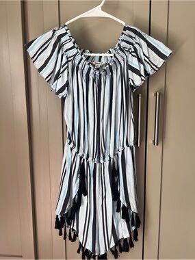 Jr Girls Striped Off-Shoulder Tassel Hem Romper in Light Blue and Navy - Size XS